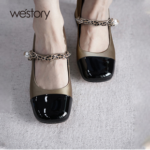 westory2023秋季新款法式粗跟仙女风玛丽珍女鞋复古拼色单鞋73131