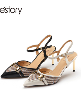 westory2023年夏季新款细跟金属羊皮垫高跟气质尖头百搭凉鞋56111