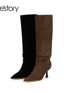westory2023秋季新品尖头高跟长靴过膝高筒靴细跟堆堆单靴83121