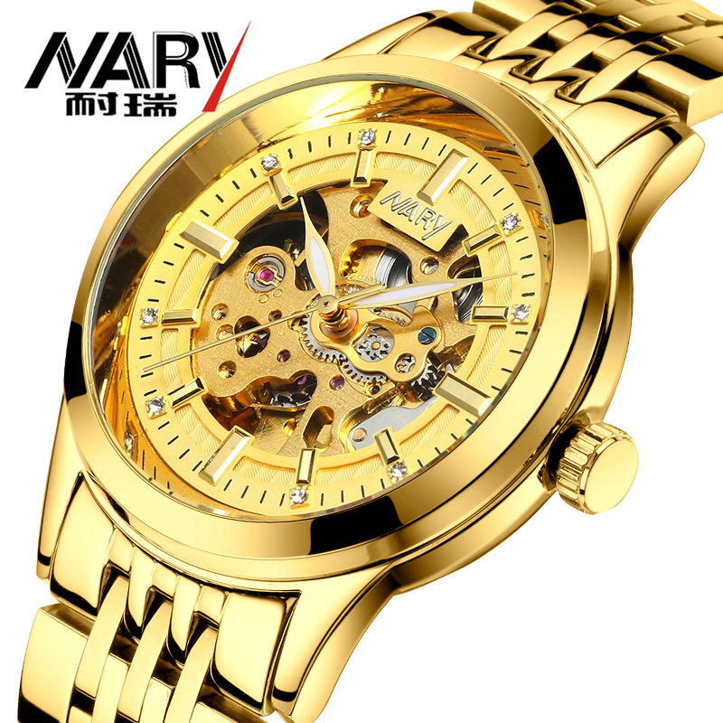 nary/耐瑞 爆款全自动机械手表男士镂空镶钻刻度防水夜光腕表