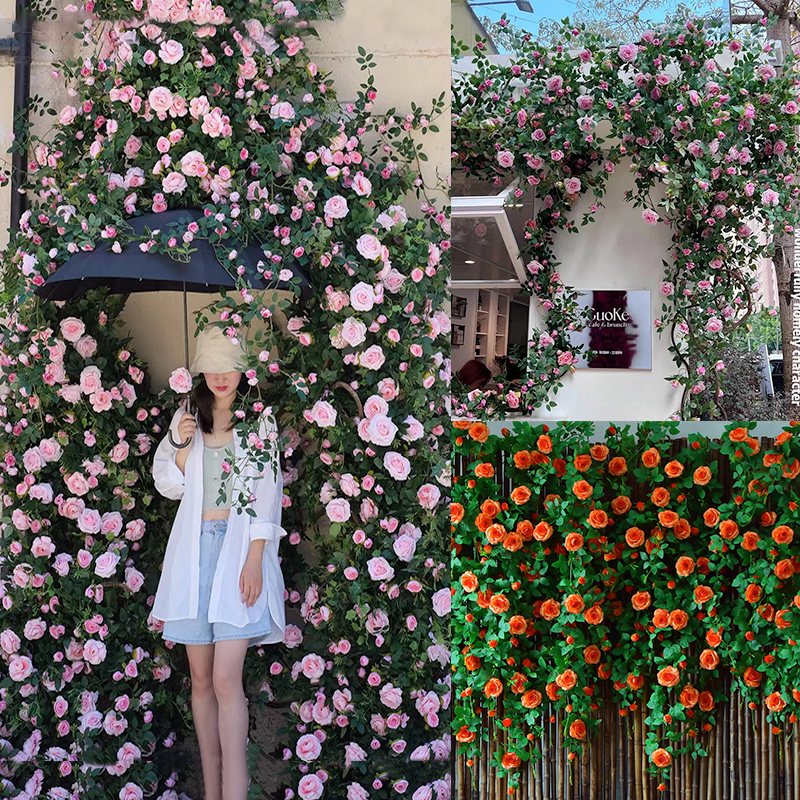 仿真玫瑰花网红花墙瀑布墙壁假花空调管道装饰花藤条遮挡门头藤蔓