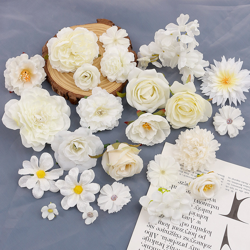 白色系仿真花 假花绢花 玫瑰花绣球牡丹花头 diy手工材料婚庆装饰