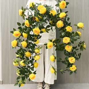 仿真花玫瑰藤条缠绕装饰花黄玫瑰爬藤仿真植物室内室外造型墙藤蔓