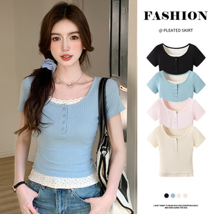 上衣 显瘦外穿条纹打底衫 820蕾丝花边拼接假两件短袖 T恤女内搭修身
