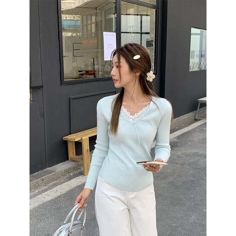 深圳市潮牌美衣服饰有限公司蕾丝蝴蝶结V领长袖t恤打底针织衫毛衣