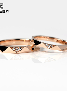 18K玫瑰金珠宝群镶简约钻石戒指男女指环情侣对戒白金结婚求婚