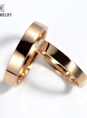 18K金戒指男女情侣平角素圈玫瑰金白金对戒au750彩金简约光面刻字