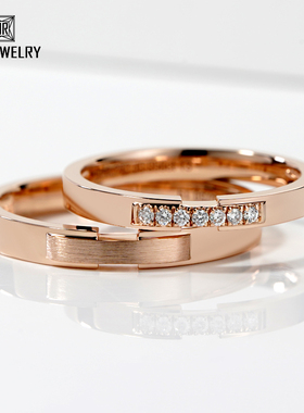 18K玫瑰金情侣对戒钻石结婚戒指男女18K白金简约AU750定制彩金