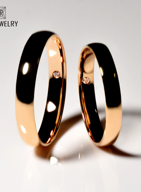 18K玫瑰金情侣对戒简约素圈男女款一对素戒钻石彩金结婚戒指定制