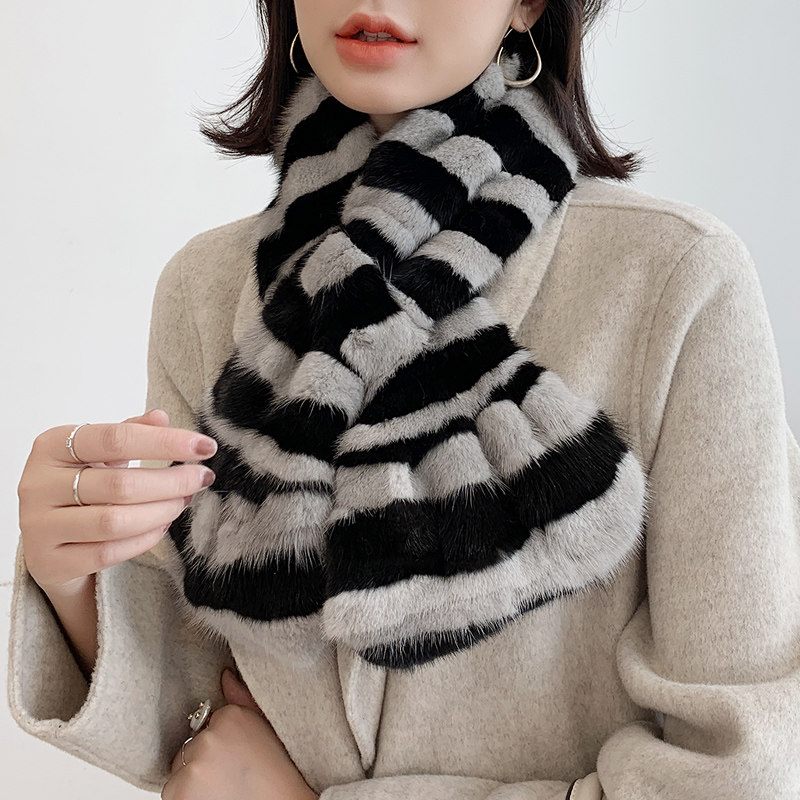 贵族琼斯 女士冬季新款整貂皮水貂毛围脖 皮草围巾 韩版条纹鱼尾