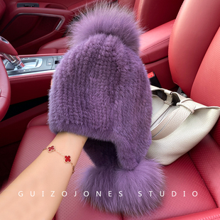 女士新款双面水貂毛密编织真毛狐狸毛球球大护耳冬季保暖皮草帽子