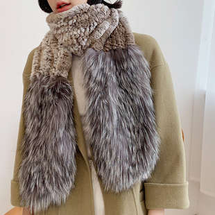 贵族琼斯 女士冬季新款双面獭兔毛配狐狸毛长款皮草围巾保暖围脖