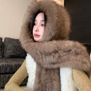 保暖皮草帽子围巾一体 冬季 狐狸毛多功能风雪帽M85 新款 贵族琼斯