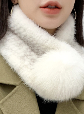 贵族琼斯 水貂毛编织皮草围巾围脖女士秋冬季保暖狐狸毛大单球球