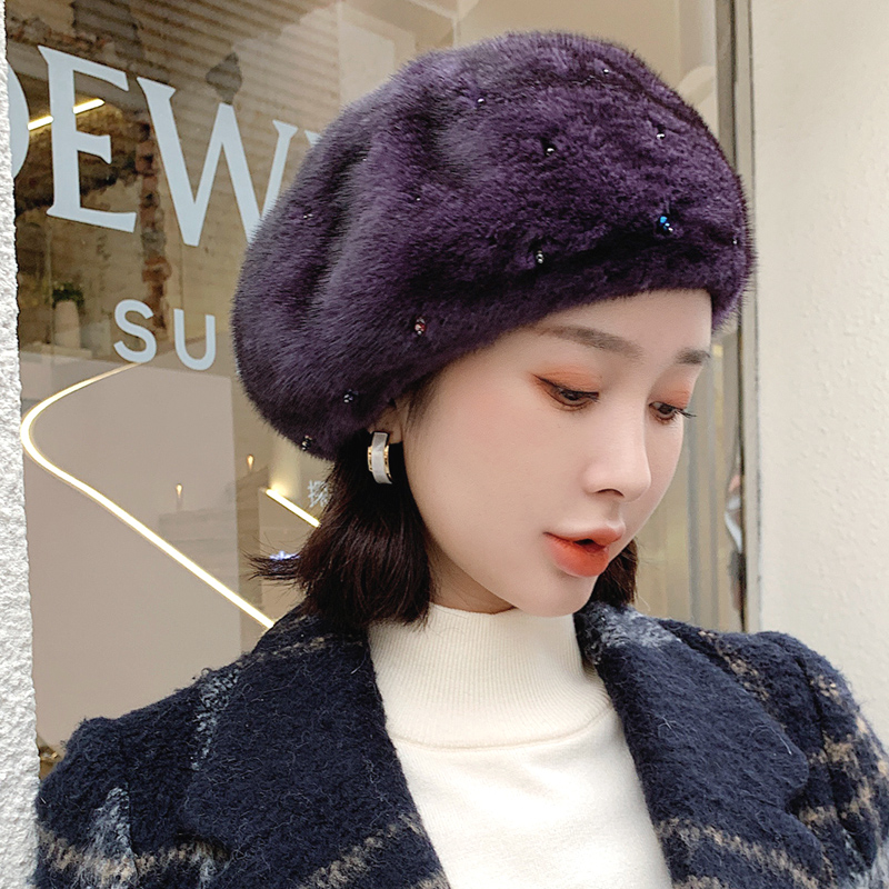 贵族琼斯 女士冬季新款保暖皮草帽子整貂皮水貂毛软体贝雷帽 钉珠