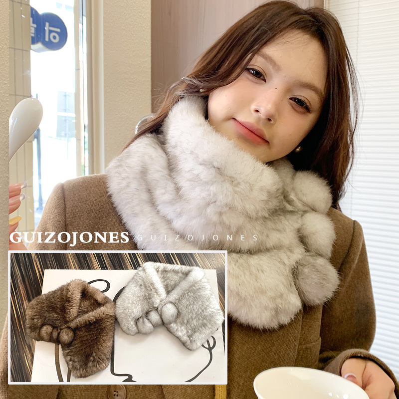 兔毛双面编织加宽大围脖小披肩球球皮草围巾脖套冬季保暖新款女士