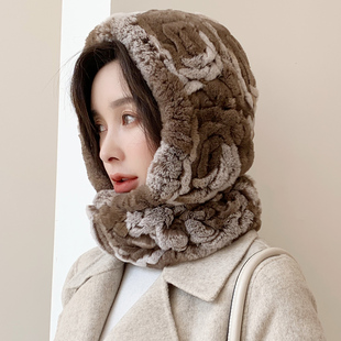 贵族琼斯 女士冬季保暖皮草帽子围巾一体 连帽围巾 风雪帽 獭兔毛