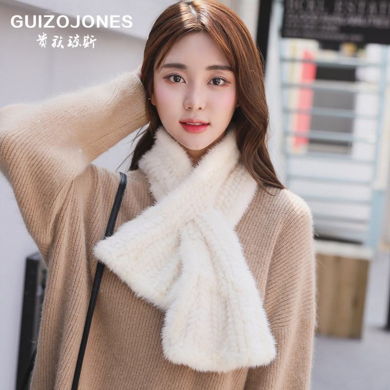 贵族琼斯 韩版真毛水貂毛编织皮草围巾女士冬季保暖百搭鱼尾围脖