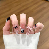 显白2026新款 秋冬穿戴甲中长款 黑色法式 指甲贴片手工光疗穿戴美甲