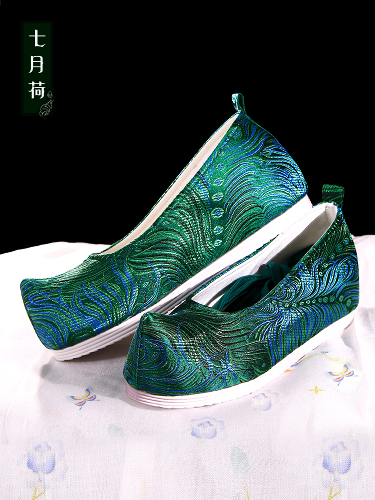 七月荷【黛綠】翹頭漢服鞋女 內(nèi)增高旗袍鞋 古裝明制古風(fēng)綠色軟底