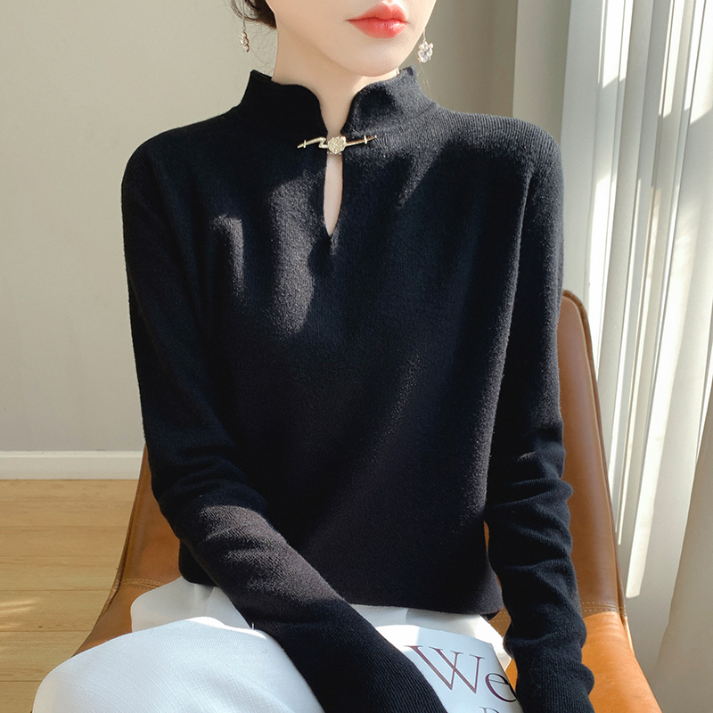 国风立领针织毛衣女2025新款秋冬内搭设计感长袖打底衫上衣1210u1