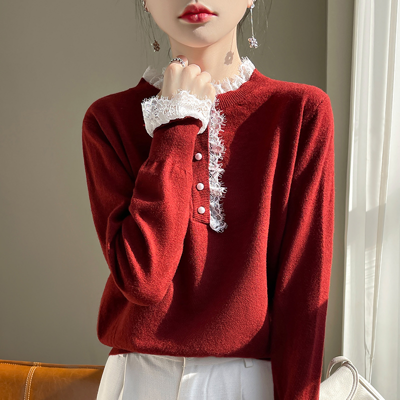 时尚高领蕾丝边拼接毛衣女秋冬款宽松洋气长袖外穿小衫打底1206h
