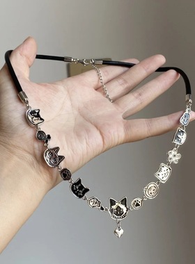 可爱卡通涂鸦猫咪项链小众设计童趣吊坠甜酷风颈链甜美闺蜜锁骨链