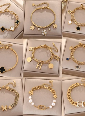 通体钛钢手链女高级感镶钻四叶草