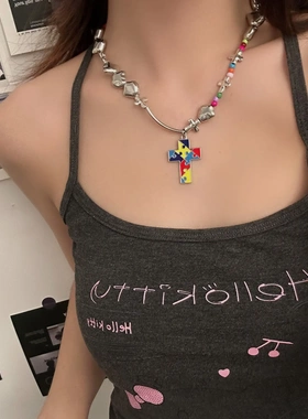 多巴胺彩色锆石十字架项链复古甜酷风小众简约气质个性超闪锁骨链