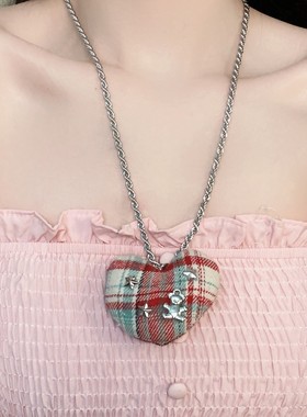 甜酷红色格子拼布十字架吊坠项链辣妹y2k时尚个性长款毛衣链