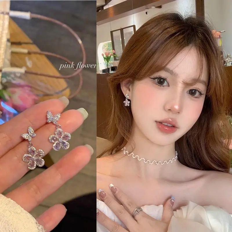 925银针轻奢小众银色蝴蝶耳环女ins潮冷淡风锆石花朵耳钉耳饰