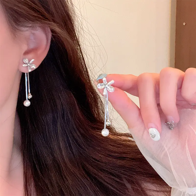 流苏花朵珠珠耳环韩版轻奢高级感后挂式耳钉女2025新款百搭耳饰品