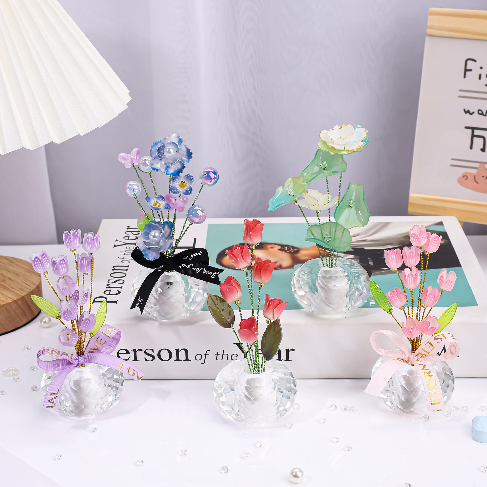 水晶花朵摆件精美汽车装饰品家居装饰中控台摆饰白水晶工艺品礼品