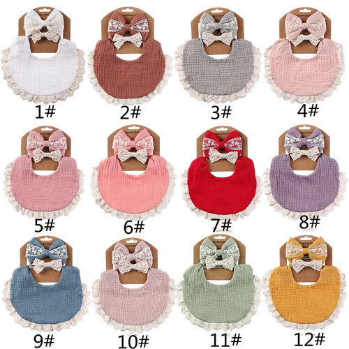 婴儿宝宝口水巾套装棉布皱布蕾丝头带纯色双面防水围嘴防吐奶围兜