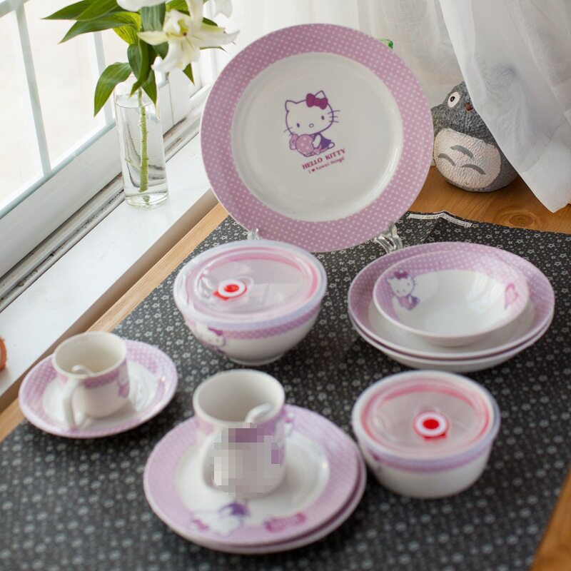 kitty儿童卡通陶瓷餐具套装饭碗可爱创意猫咪甜品碗碗盘杯子菜盘