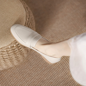 女平底圆头小皮鞋 白色2026春秋新款 透气工作鞋 真皮乐福鞋 软底单鞋