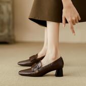 真皮乐福鞋 中跟单鞋 女粗跟2026春秋新款 方头复古不累脚工作小皮鞋