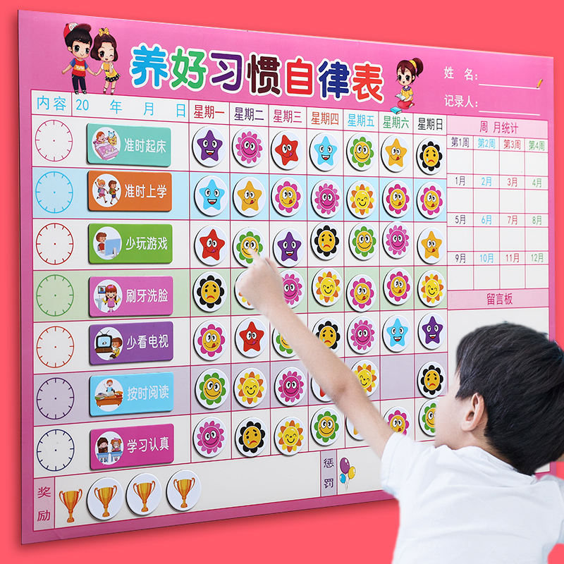 儿童成长自律表家用磁性奖励惩罚表小学生记录时间管理作息板幼儿园宝宝家庭生活学习好习惯打卡计划表墙贴纸