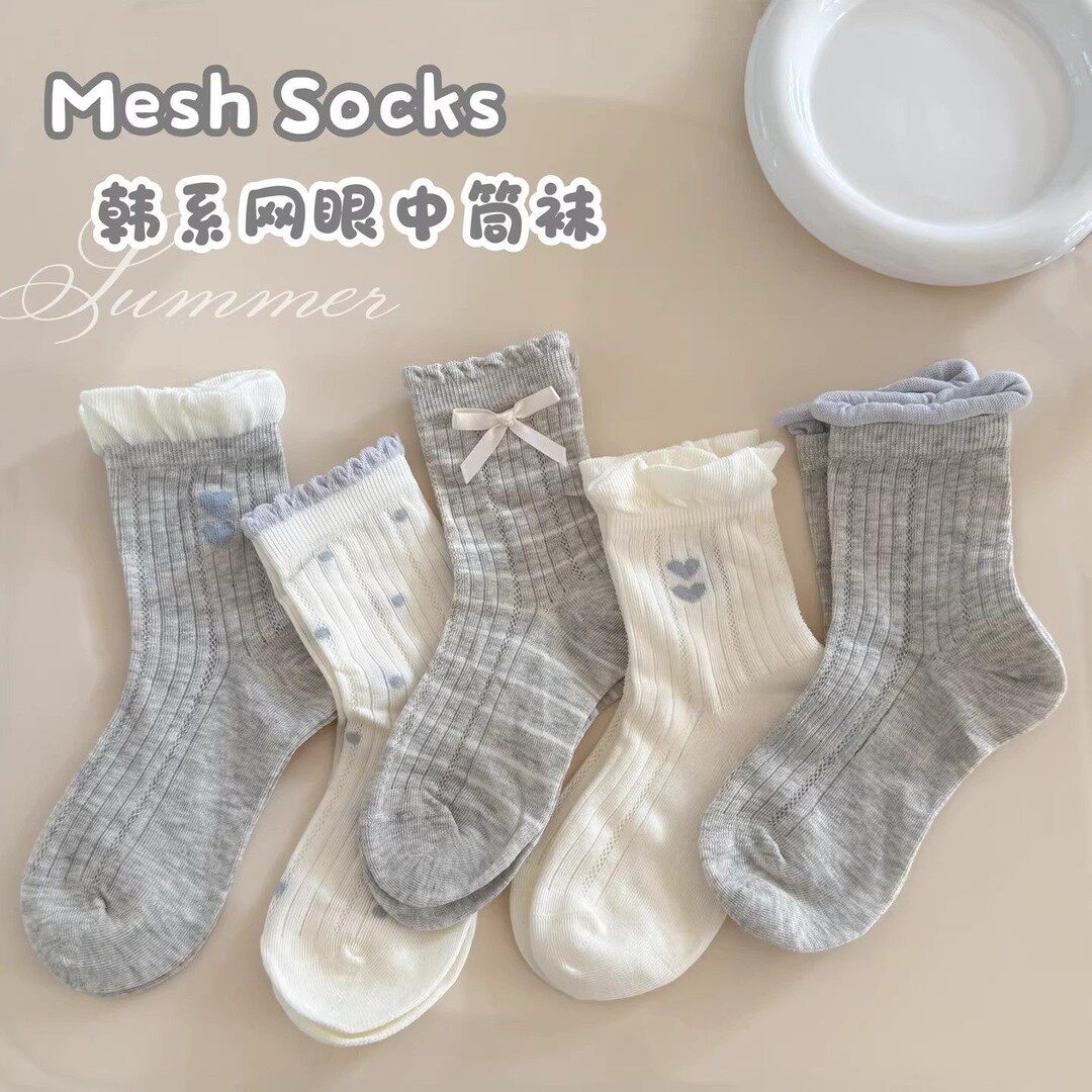 女童袜子春夏季无骨儿童薄款透气网眼爱心灰白公主蝴蝶结夏天棉袜