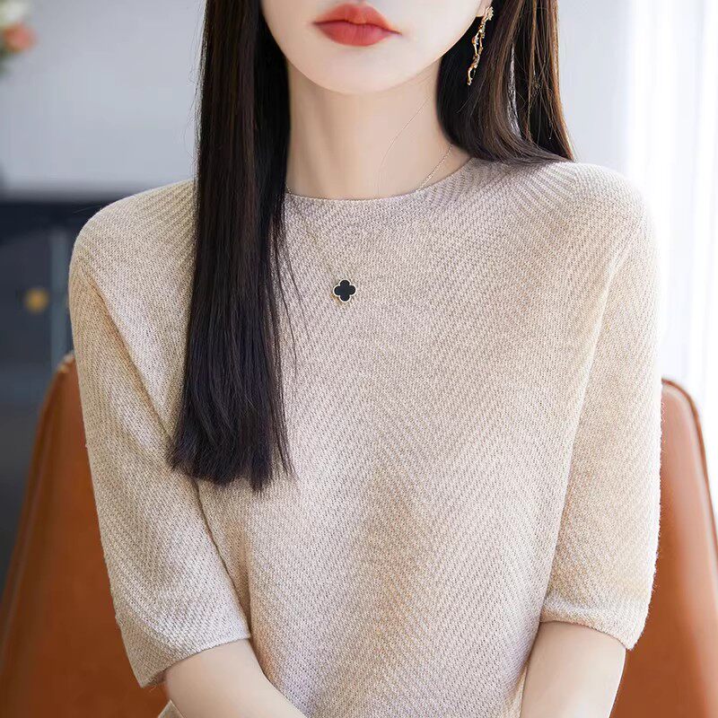 莱塞尔一字领冰丝针织短袖t恤女2026夏季新款宽松半袖打底上衣潮