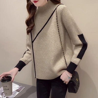 半高领长袖宽松打底衫女2024秋冬新款时尚高级感百搭显瘦针织上衣