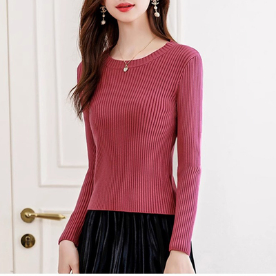 高端别致洋气减龄长袖T恤女2024秋冬新款圆领纯色时尚针织打底衫