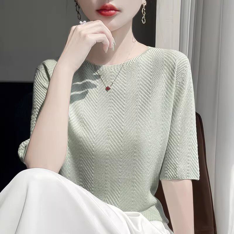 高级感冰丝短袖T恤女2026夏季新款五分袖圆领打底衫针织小衫上衣