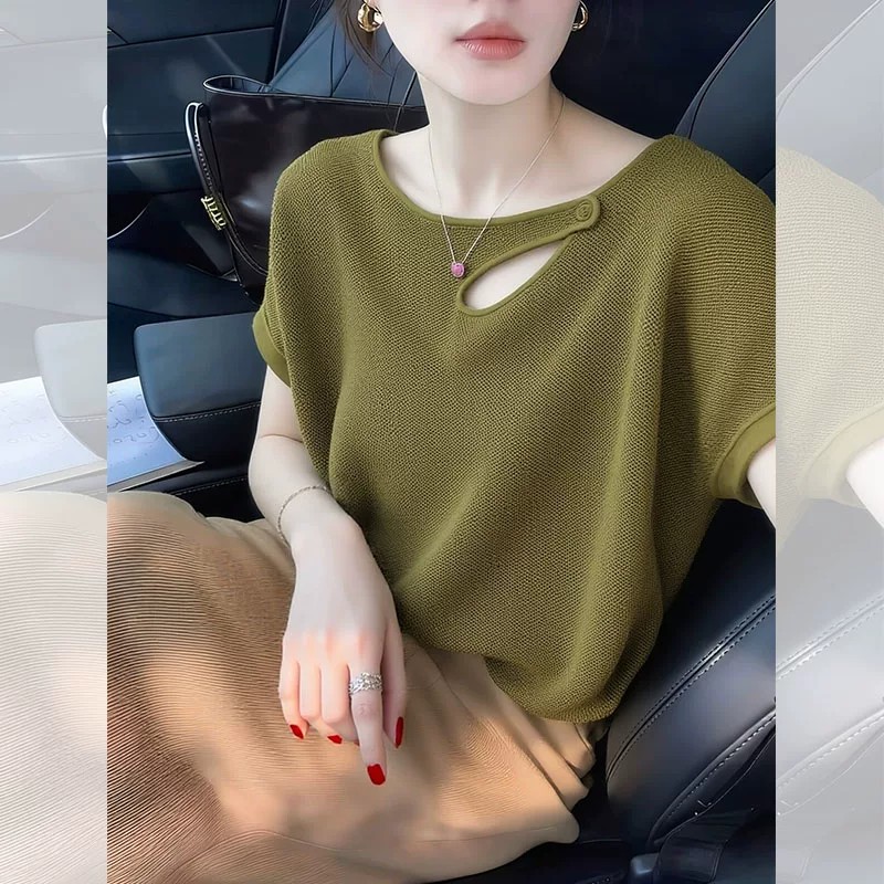 慵懒风冰丝针织衫女短袖T恤女夏季2026新款薄款镂空设计感上衣潮