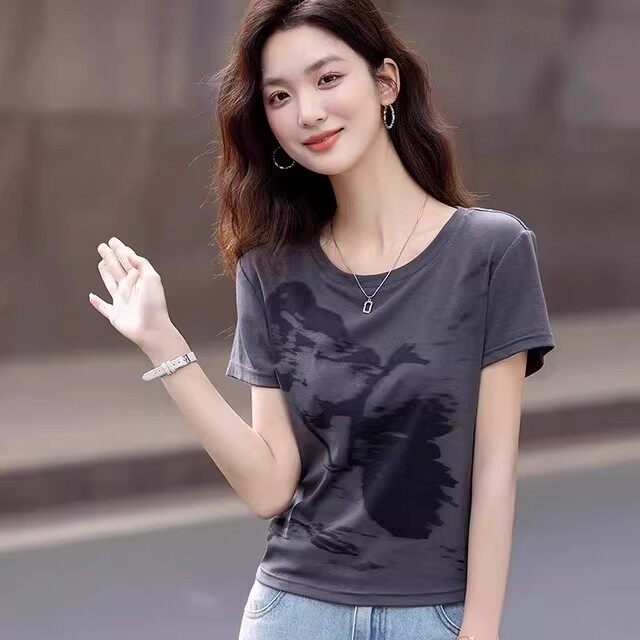 灰色正肩短袖T恤女2026年夏季新款美式复古百搭小众时尚圆领上衣