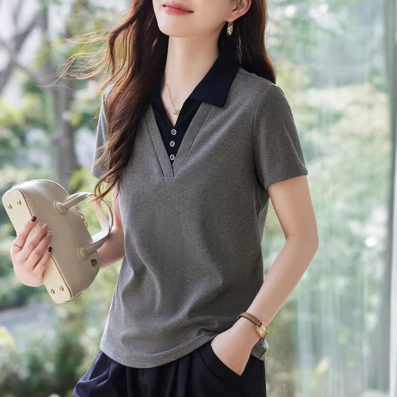 polo衫t恤女短袖2026新款夏季爆款女装假两件正肩翻领上衣体恤衫