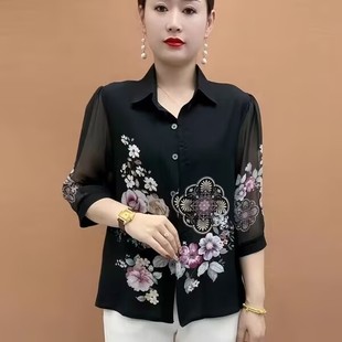 新款 宽松显瘦七分袖 2025春季 花色雪纺衬衫 POLO领40 60岁女士时尚