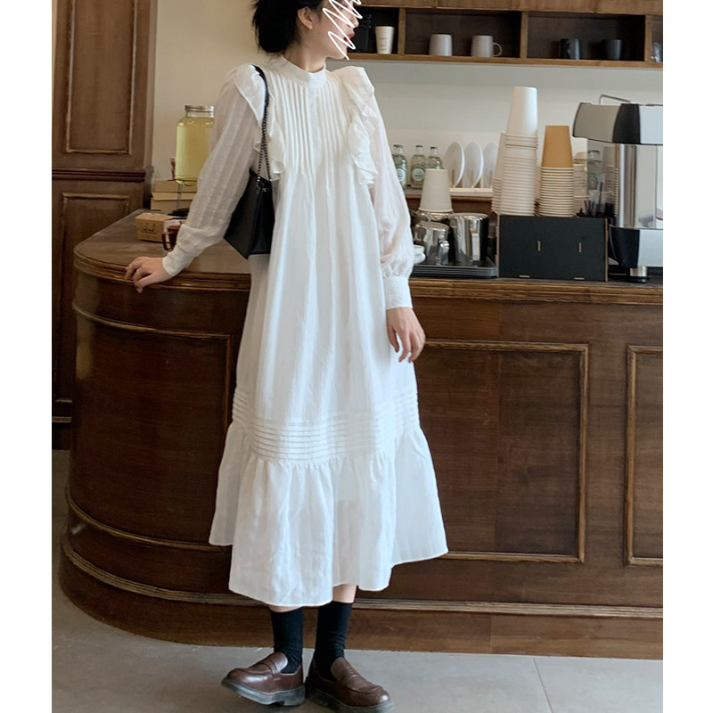 白色连衣裙春秋法式复古赫本小黑裙木耳边温柔仙女小众设计感长裙