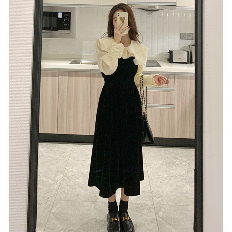 秋冬法式温柔翻领丝绒拼接假两件韩版高腰加绒显瘦黑色连衣裙子女