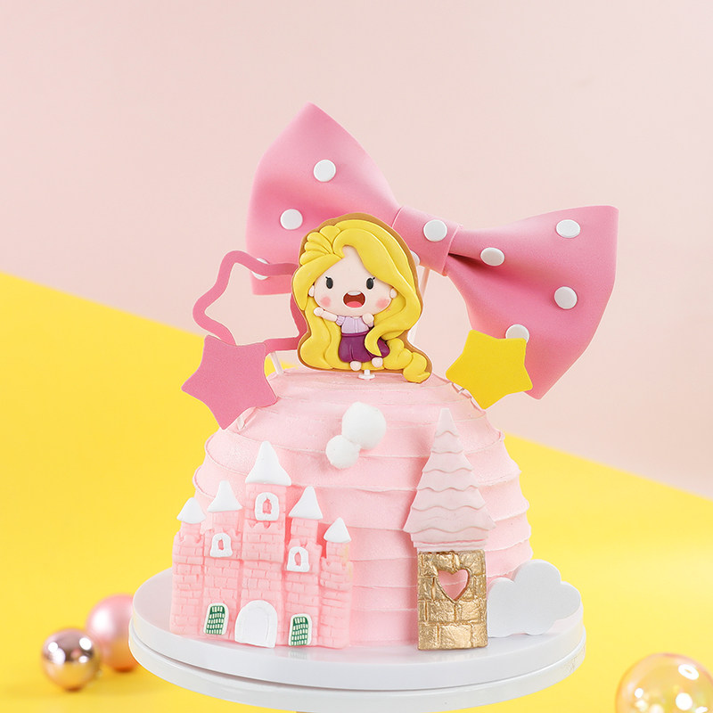 烘焙蛋糕装饰长发公主软陶插件网红粉嫩蝴蝶结城堡童话主题装扮